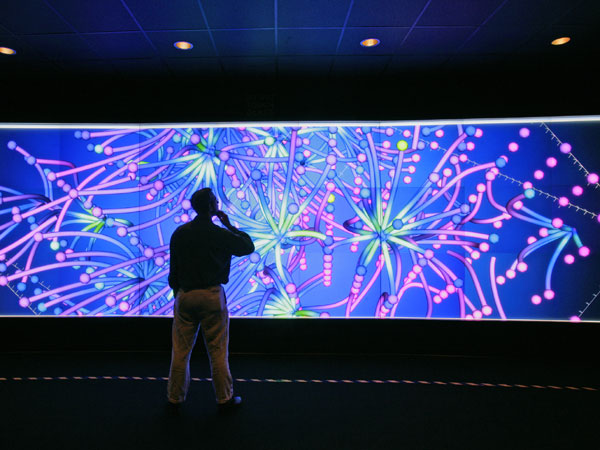 A man stands before an Interactive visualization of a synthetic flow field.  Advanced visualization tools help scientists and engineers understand very small or very large structures and create better technologies.